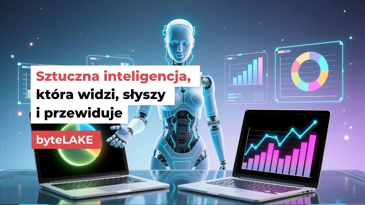 Humanoidalny robot analizujący dane na ekranach laptopów – ilustracja przedstawiająca wykorzystanie sztucznej inteligencji i analityki danych w rozwoju MŚP w ramach WRO4digITal EDIH Wrocław