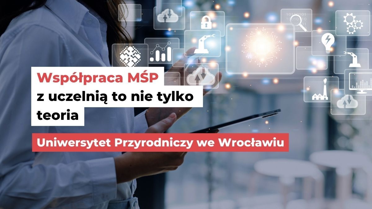 Osoba korzystająca z tabletu na tle ikon technologicznych – ilustracja przedstawiająca współpracę MŚP z uczelniami w zakresie cyfryzacji w ramach WRO4digITal EDIH Wrocław