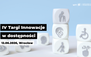 Opis alternatywny plakatu – III Targi Innowacje w dostępności Plakat promujący wydarzenie „III Targi Innowacje w dostępności”, organizowane przez Wrocławski Park Technologiczny. Tło plakatu jest jasnoszare. Na górze, po lewej stronie, znajduje się logo WPT – Wrocławskiego Parku Technologicznego. Na środku, dużymi białymi literami na niebieskim tle, umieszczono hasło: „III Targi Innowacje w dostępności” Pod nim, na czerwonym tle, znajduje się napis: „Zarezerwuj termin!” W dolnej części plakatu podane są szczegóły wydarzenia, również na niebieskim tle: „29.05.2025 r. 10:00 – 14:00” „Wrocław, WPT, ul. Duńska 9, budynek Delta” Po prawej stronie plakatu znajduje się sześć kolorowych ikon symbolizujących dostępność i niepełnosprawność: - Czerwona ikona z profilem głowy i trybem – symbolizuje innowacje umysłowe, - Pomarańczowa ikona z uchem i falą – symbol niedosłuchu, - Niebieska ikona z osobą opierającą się na chodziku, - Pomarańczowa ikona z dłonią i punktami Braille’a – symbol niewidomych, - Zielona ikona z symbolami języka migowego, - Czerwona ikona z osobą na wózku inwalidzkim, - Pomarańczowa ikona z osobą chodzącą – symbol samodzielnego poruszania się. Całość utrzymana jest w nowoczesnym, czytelnym stylu.